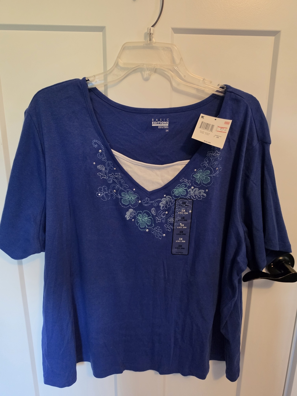 Basic Editions Women's Blue Embroidered V-Neck Layered Top